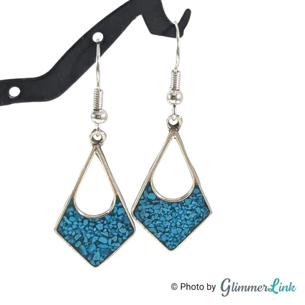 Vintage Mexican Alpaca Diamond Shape Blue Inlay Silver Tone Pierced Earrings